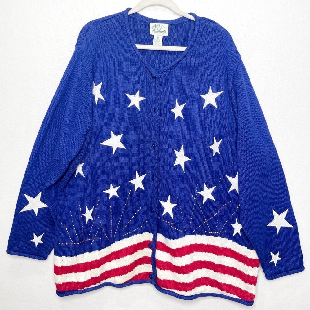 The Quacker Factory Embroidered Patriotic Blue Stars Flag Cardigan Sweater 2X
